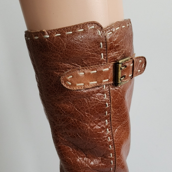 DIBA BOOTS COGNAC BROWN WEDGE HEEL KNEE HIGH ALMOND TOE BUCKLE LEATHER 7 - Picture 4 of 16